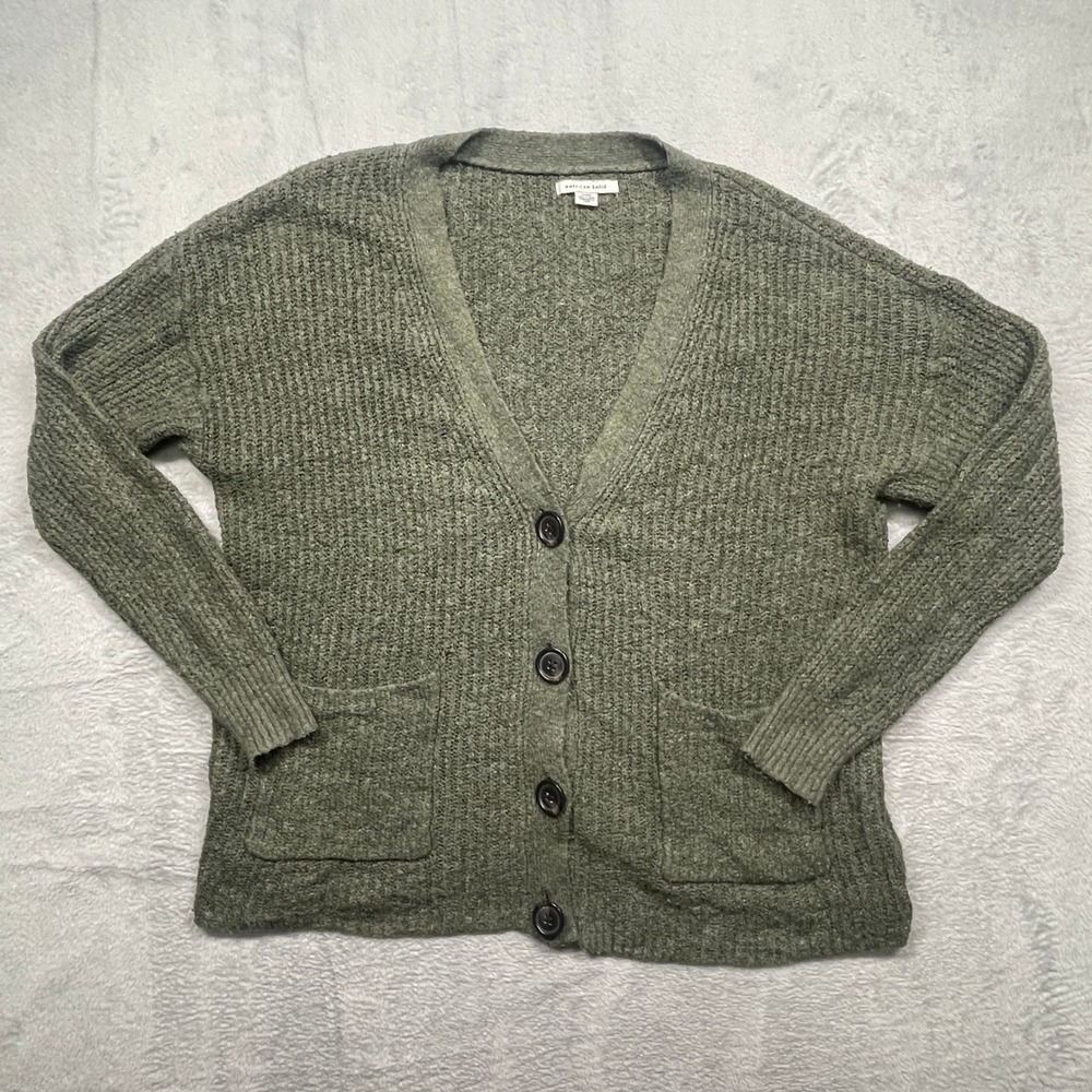American Eagle Cardigan Women Green V-Neck Button Front Pocket Textured Small